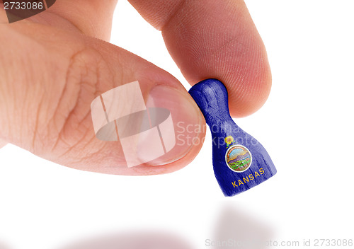 Image of Hand holding wooden pawn, flag painting, selective focus