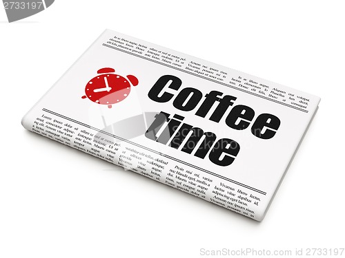 Image of Timeline concept: newspaper with Coffee Time and Alarm Clock