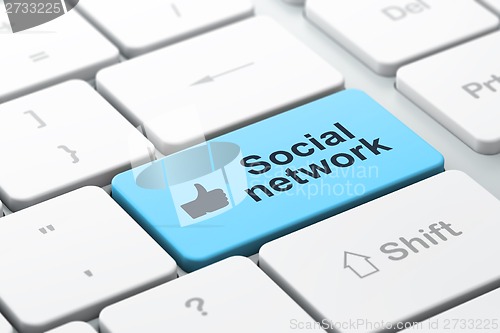 Image of Social media concept: Thumb Up and Social Network on computer keyboard background