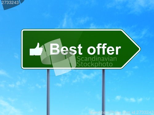 Image of Finance concept: Best Offer and Thumb Up on road sign background