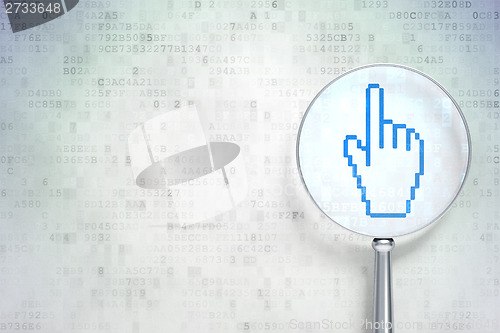Image of Web development concept:  Mouse Cursor with optical glass on digital background