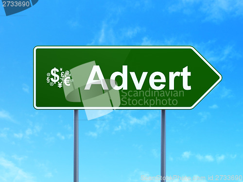 Image of Advertising concept: Advert and Finance Symbol on road sign