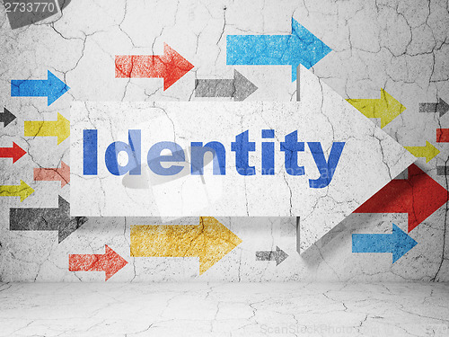 Image of Safety concept: arrow with Identity on grunge wall background