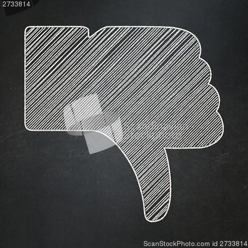 Image of Social media concept: Thumb Down on chalkboard background