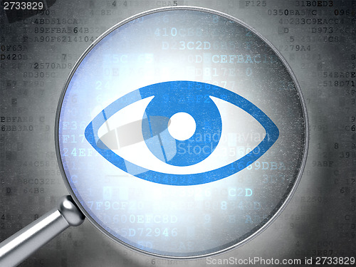 Image of Security concept: Eye with optical glass on digital background