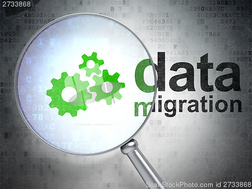 Image of Data concept: Gears and Data Migration with optical glass
