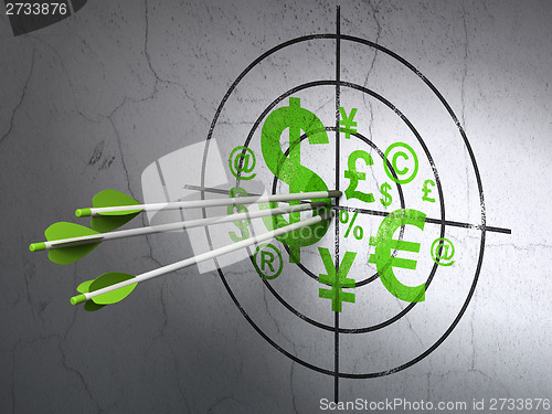 Image of Business concept: arrows in Finance Symbol target on wall background