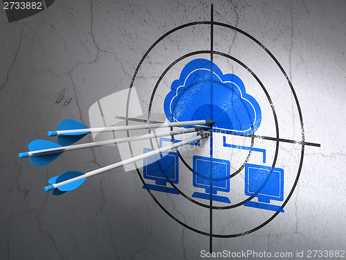 Image of Cloud technology concept: arrows in Cloud Network target on wall background