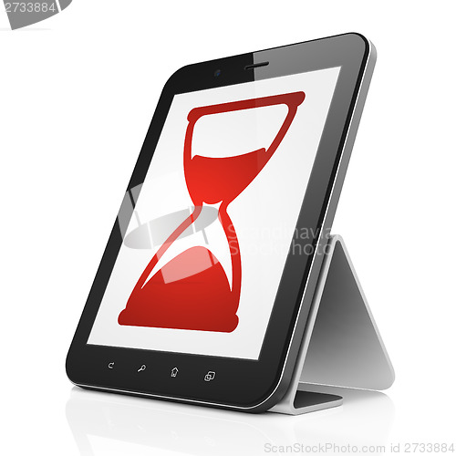 Image of Timeline concept: Hourglass on tablet pc computer