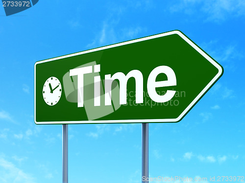 Image of Time concept: Time and Clock on road sign background