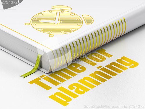 Image of Timeline concept: book Alarm Clock, Time for Planning on white