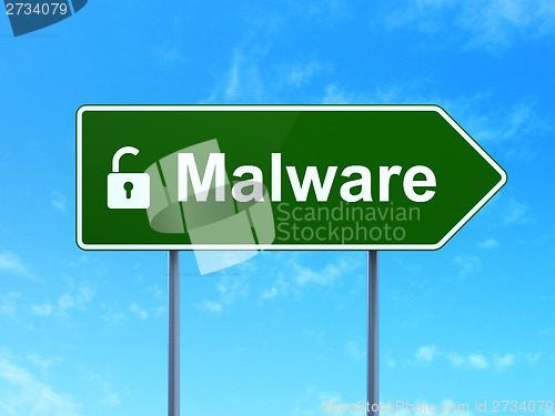 Image of Safety concept: Malware and Opened Padlock on road sign background