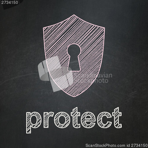 Image of Protection concept: Shield With Keyhole and Protect chalkboard