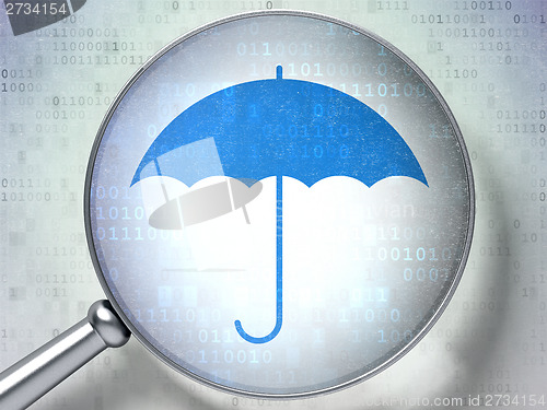 Image of Security concept: Umbrella with optical glass on digital background