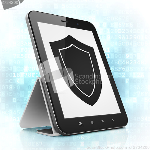 Image of Security concept: Shield on tablet pc computer