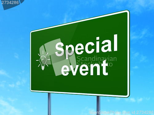 Image of Finance concept: Special Event and Light Bulb on road sign background