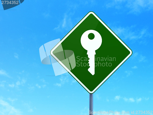 Image of Privacy concept: Key on road sign background