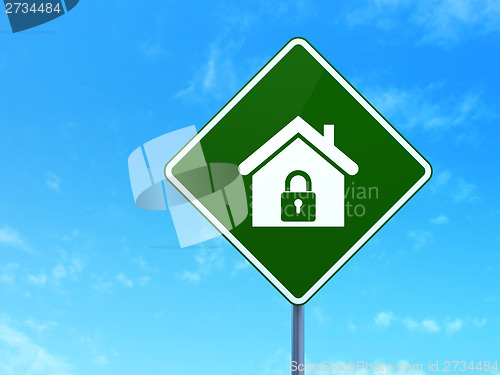 Image of Finance concept: Home on road sign background