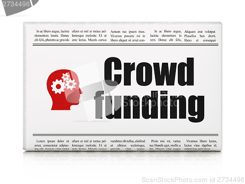 Image of Finance concept: newspaper with Crowd Funding and Head With Gears