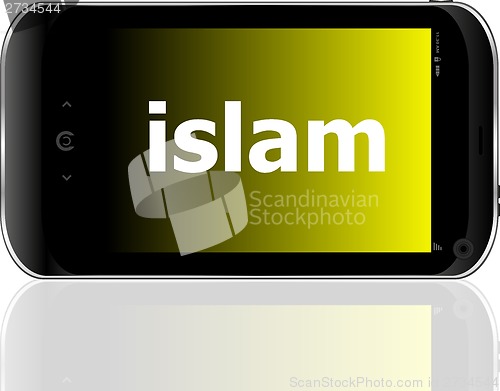 Image of islam word on smart mobile phone, social concept
