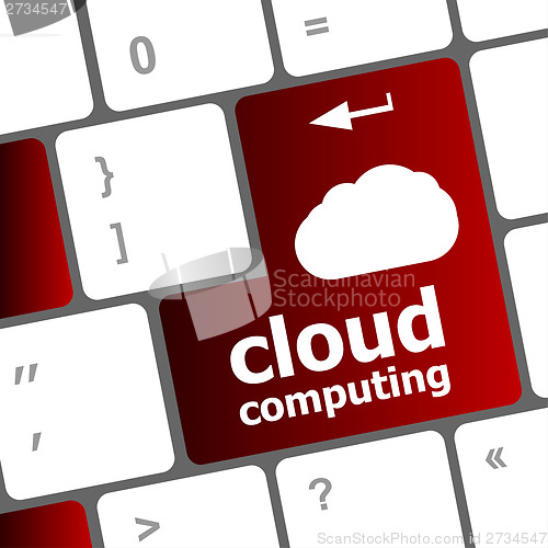 Image of Cloud computing concept showing cloud icon on computer key