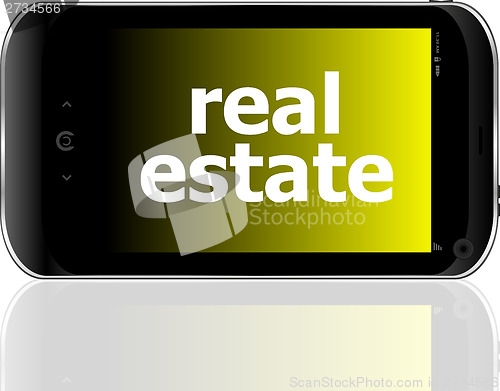 Image of digital smartphone with real estate words, business concept