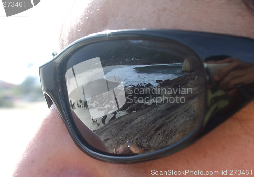 Image of Beach view reflected on the sunglasses