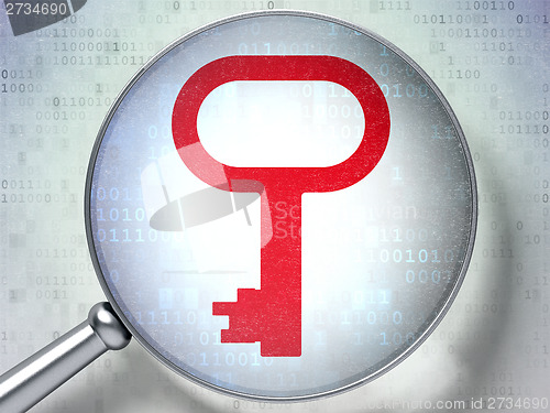 Image of Privacy concept:  Key with optical glass on digital background