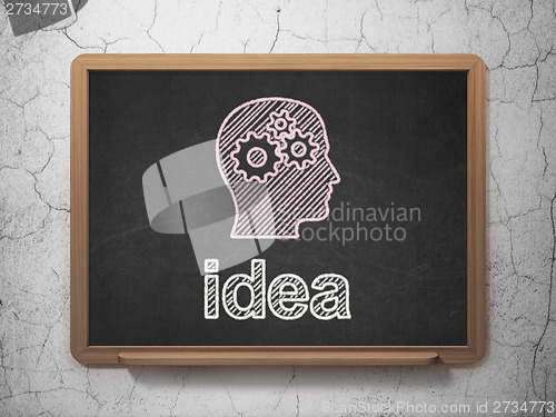 Image of Marketing concept: Head With Gears and Idea on chalkboard