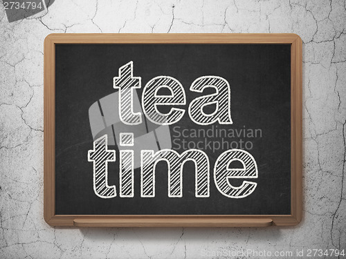 Image of Timeline concept: Tea Time on chalkboard background