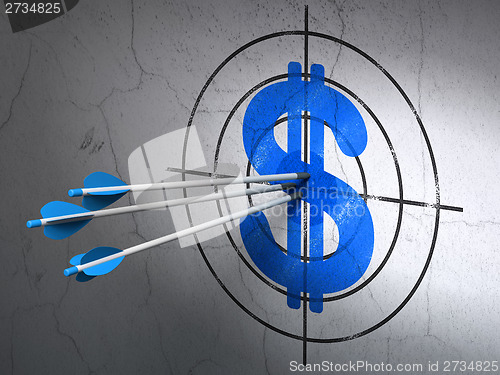 Image of Currency concept: arrows in Dollar target on wall background