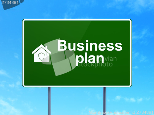Image of Finance concept: Business Plan and Home on road sign background