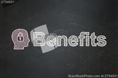 Image of Finance concept: Head With Padlock and Benefits on background