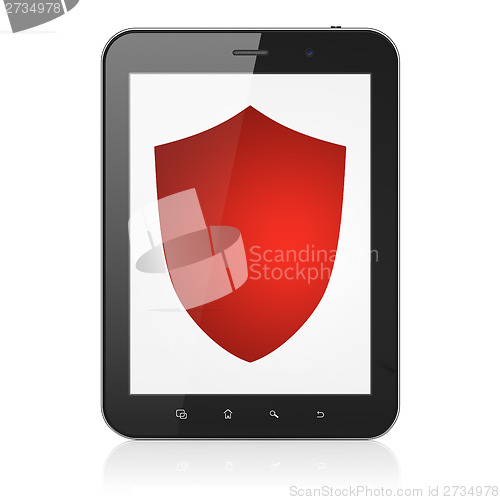 Image of Security concept: Shield on tablet pc computer