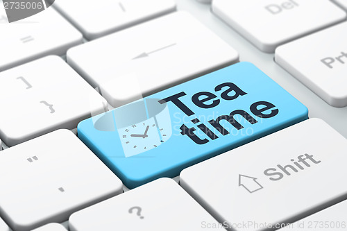 Image of Time concept: Clock and Tea Time on computer keyboard background