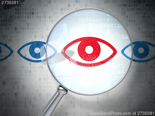 Image of Safety concept: Eye with optical glass on digital background