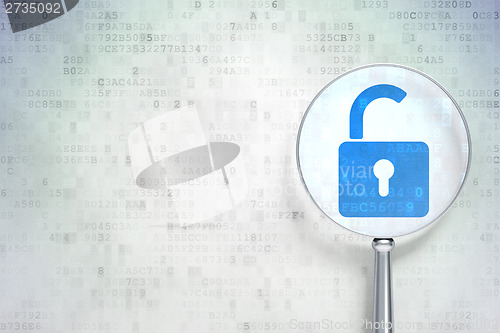 Image of Security concept:  Opened Padlock with optical glass on digital