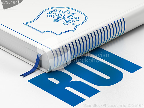 Image of Finance concept: book with Head With Finance Symbol, ROI