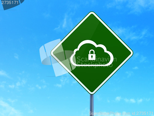Image of Cloud networking concept: Cloud With Padlock on road sign