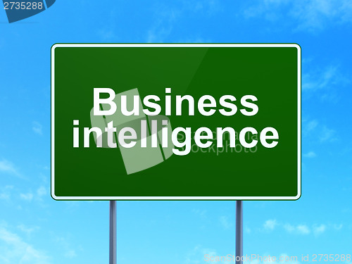 Image of Finance concept: Business Intelligence on road sign background