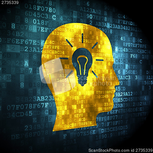 Image of Information concept: Head With Light Bulb on digital background