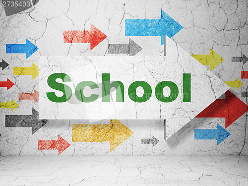 Image of Education concept: arrow with School on grunge wall background