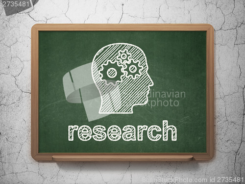 Image of Marketing concept: Head With Gears and Research on chalkboard