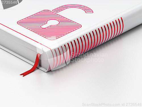 Image of Information concept: closed book, Opened Padlock on white