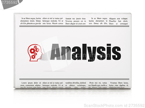 Image of Marketing concept: newspaper with Analysis and Head With Gears