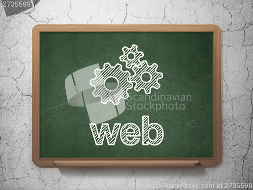 Image of Web development concept: Gears and Web on chalkboard background