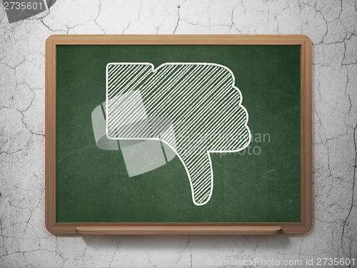 Image of Social media concept: Thumb Down on chalkboard background