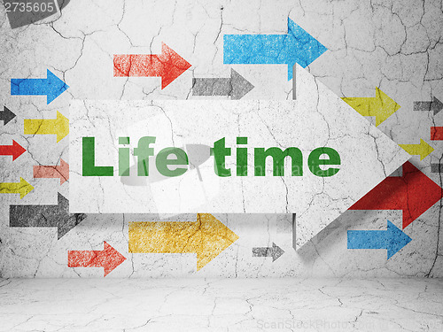 Image of Time concept: arrow whis Life Time on grunge wall background