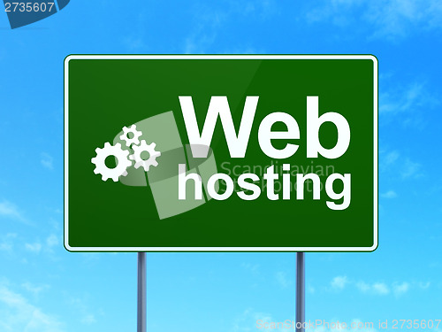 Image of Web design concept: Web Hosting and Gears on road sign