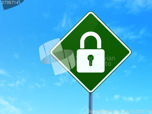 Image of Data concept: Closed Padlock on road sign background